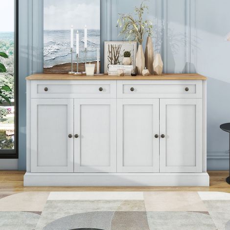LUXELUME-Grand buffet à 4 portes et 2 tiroirs, meuble de rangement moderne pour salle à manger et salon, 150 x 86 x 40 cm (L/l/H) – (Blanc antique + bois naturel) (1/5)