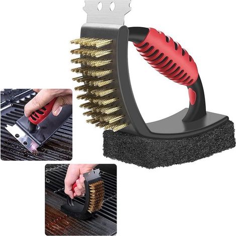 Cepillo para parrilla 3 en 1 con raspador y esponja, Limpiador resistente para parrillas de barbacoa, ideales barbacoa mango resistente calor (1/5)