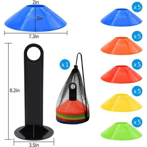 Plots de Marquage pour Football Cône, Plots Entraînement Cônes de Marquage, Sac en Filet, Sangle à Boucle Fix, 5 Couleurs,25pcs (1/5)