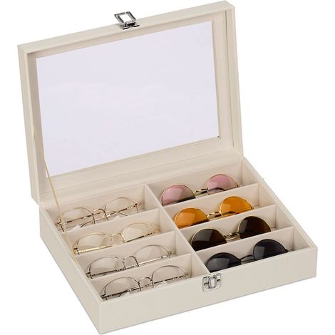 Relaxdays Organizador Gafas, 8 Compartimentos, Piel Sintética, Terciopelo y Cristal, 8,5x33,5x24,5 cm, Blanco