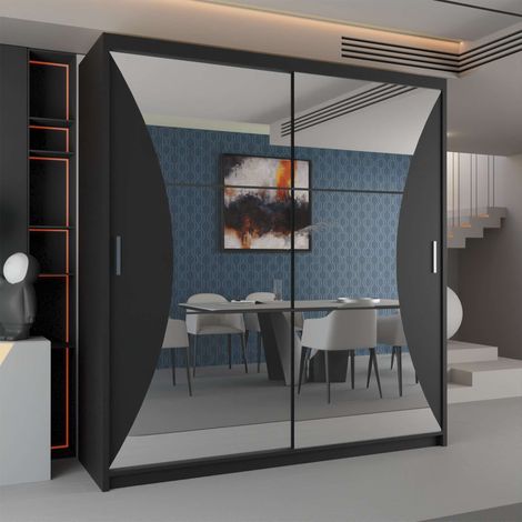 Sliding Wardrobes 4U Modern Curve Mirror Sliding Door Wardrobe with adjustable Shelves and Rails - Black 150cm (1/2)
