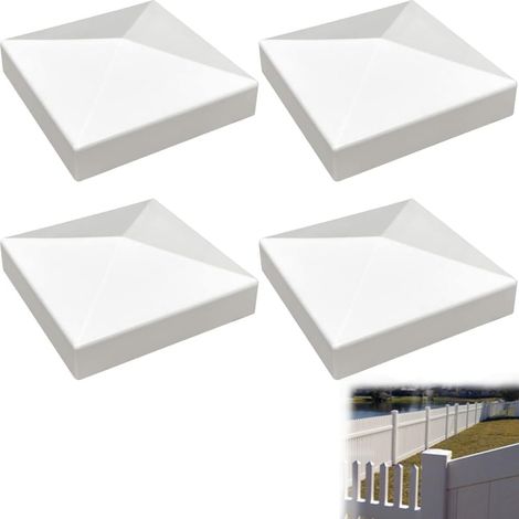 Lot de 4 capuchons de poteau de clôture universels en vinyle blanc de 8,9 x 8,9 cm – Housses pyramidales en PVC sans vis – Capuchons décoratifs résistants aux intempéries pour clôture en bois (1/5)