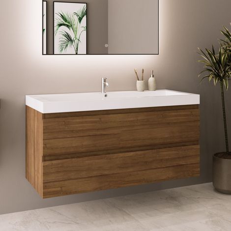 LOMAZOO meuble de salle de bain Monaco chêne chaud - lavabo blanc