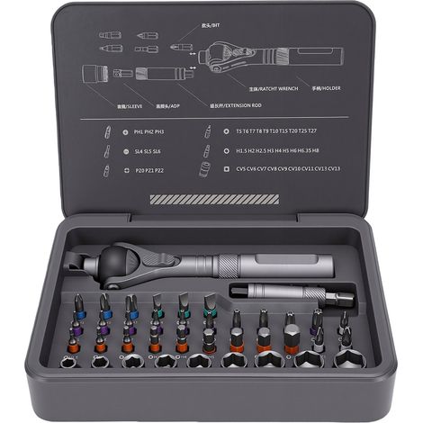 Jeu de tournevis à cliquet 40 en 1 avec tête rotative à 180 degrés, magnétique, avec 28 embouts et 9 douilles. (1/5)