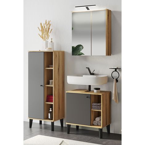 Badmöbel-Set 3-teilig mit Waschbeckenunterschrank 60 cm, LED-Spiegelschrank, in Eiche mit grau OLEAN-61 (1/5)