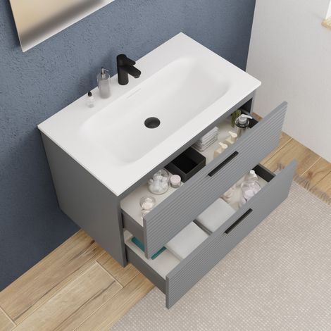 Ceramia Komplettset 80 cm: Waschbecken matt weiß + FSC-zertifiziertes Möbelstück dunkelgrau (CERAMIA-4DG80-V)