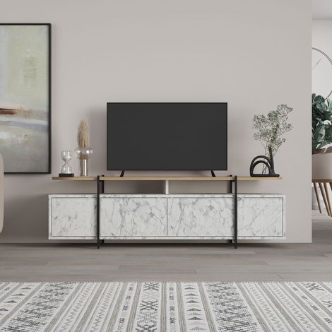 Decortie Hanley Modern TV Stand Multimedia Centre TV Unit With Storage Cabinet 160cm - White Marble Effect / Oak