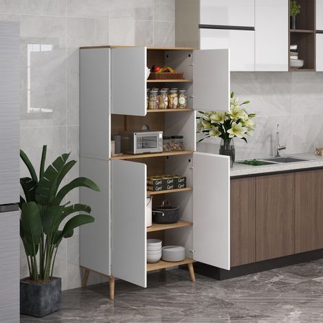 Aparador de cocina con 2 armarios con puertas, estantes ajustables, nicho central y 2 orificios para la gestión de cables, color blanco. (1/5)