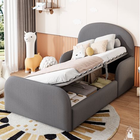 Letto contenitore 90x200 per bambini in velluto grigio con testiera e pediera alte HAVRYA (1/5)