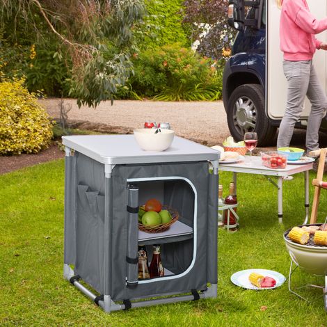 Rangement Placard de cuisine pour camping pliable avec 2 étagères et sac de transport aluminium et tissu Oxford 60x49x70cm - gris