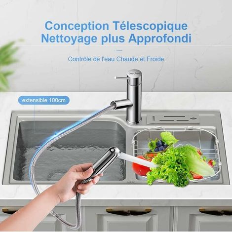 Rubinetto estraibile per lavabo da bagno con maniglia singola e foro di montaggio sul piano - Miscelatore acqua calda e fredda - Argento (1/4)
