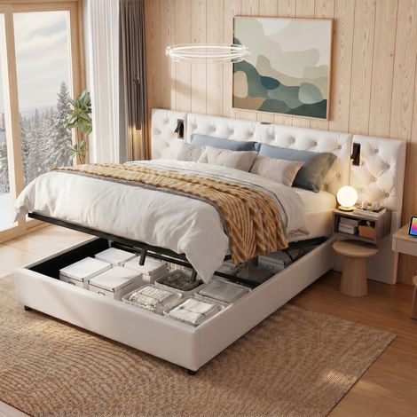 Bett mit Stauraum, Stauraumbett 140x200, Polsterbett, LED & USB/Typ-C, Bett Erwachsene, Kopfteil mit Stauraum, schwebende Nachttische Holzoptik, Samt, modern(140x200cm, Beige)