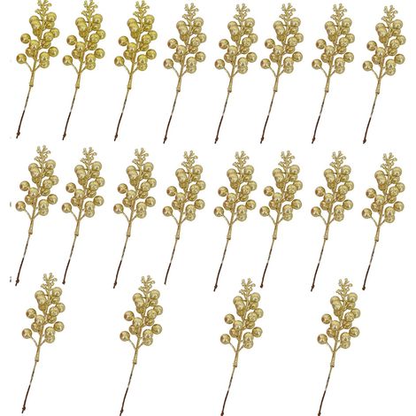 Set mit 20 künstlichen Beerendekorationen, Stechpalmenzweigen und Beerenstielen für die Weihnachtsbaumsaison (gold) (1/4)