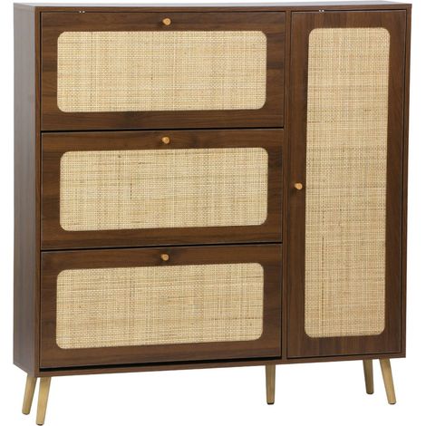 Canework shoe cabinet with 3 drawers Walnut 120x24x125 cm - Boheme