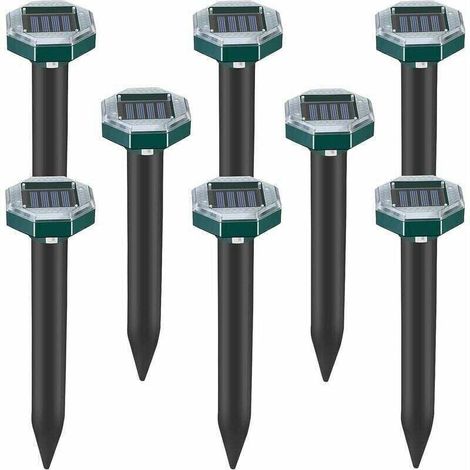 Juego de 8 púas repelentes ultrasónicas solares para topos, serpientes y topillos para céspedes, jardines y patios, repelente de sardinas -Crezuo