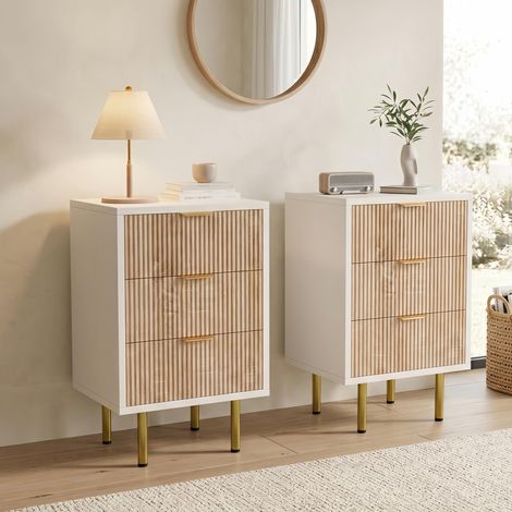 Lot de 2 Tables de Chevet 40 cm, Tables de Chevet avec 3 Tiroirs - Finition texturée - poignées et pieds en métal, rangement - bois naturel