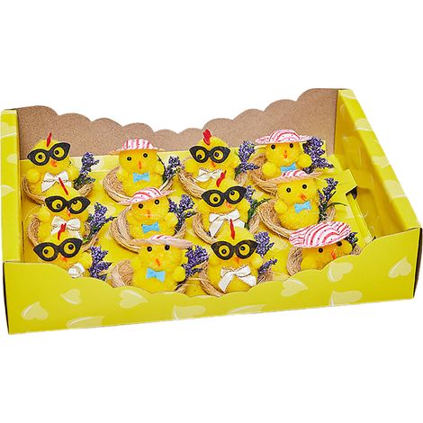 Lot de 12 peluches de Pâques, poulets et lapins en peluche, décorations pour enfants, bricolage, petits cadeaux (boîte colorée, lunettes, poulets (12 pièces)) (1/2)