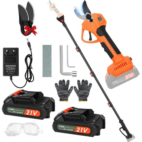 Sécateur Électrique sans Fil avec Manche Télescopique 2 m, 2 x Batteries 2000 mAh, 2 x Lames SK5, Affichage LCD, Cisaille de Jardin Électrique pour Taille des Arbres (1/5)