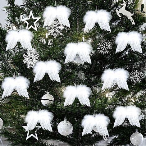 AURA Lot de 12 décorations de Noël en plumes blanches, ailes d'ange blanches pour sapin, pour loisirs créatifs, 16 x 14 cm (1/5)