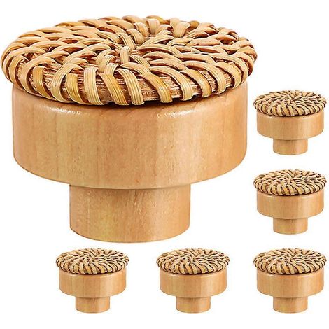 Lot de 6 poignées rondes tressées en bois, style bohème, avec vis, pour coiffeuse, tiroir, meuble en rotin ou en bois. (1/5)