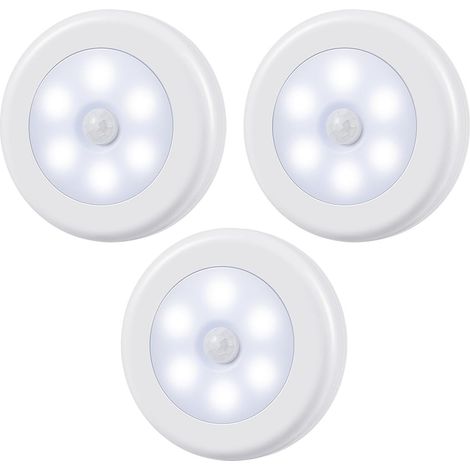 Automatic LED nightlights, powered by 6 LEDs and a wireless battery, with adhesive for attaching anywhere, 3-pack, white. (1/4)