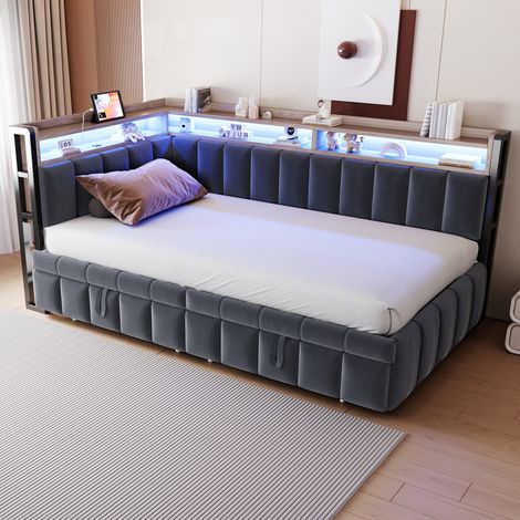 Canapé-lit 90x200cm capitonné avec lit gigogne, éclairage LED et compartiments de rangement en tête et pied de lit, équipé de ports USB et Type-C. Canapé-lit une place, revêtement en velours gris fonc (1/5)