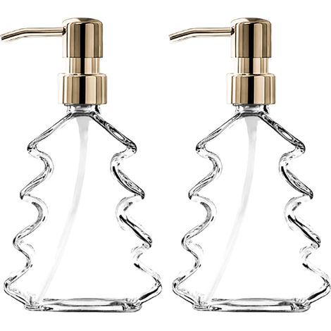 2 dispensadores de vidrio con forma de árbol de Navidad, 350 ml, bomba de acero inoxidable, recargables para baño/cocina. (1/5)