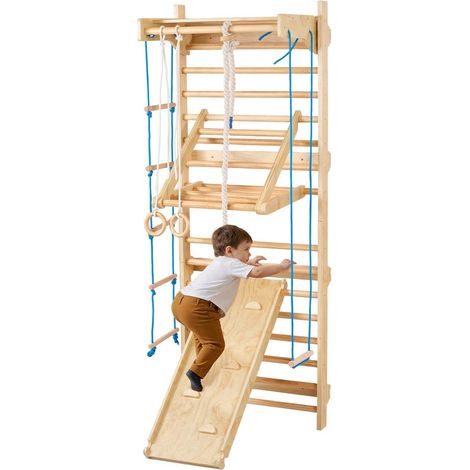 Barre de traction, anneaux et balançoire sur espalier en bois, pour aire de jeux murale avec corde et échelle latérale (1/5)