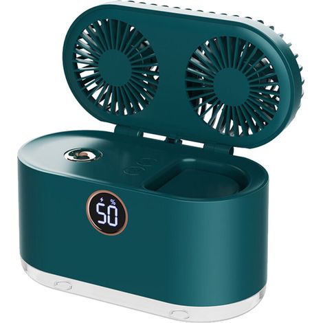 Ventilateur humidificateur USB rechargeable 2 en 1 avec double pale, portable pour bureau et chambre, couleur verte (1/5)