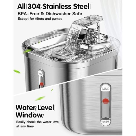 Fontaine a Eau Chat, 2,2L Fontaine Chat INOX, Pompe à Eau Ultra-Silencieuse, Filtres Multiples, Débit d'eau Réglable, Distributeur Eau Chien Lavable au Lave-Vaisselle (1/5)