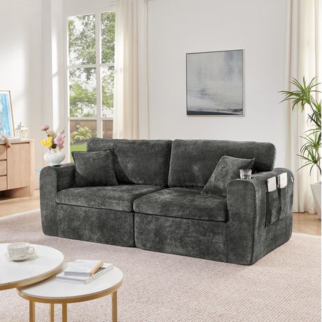 2-Sitzer Sofa Schwarz aus Chenille mit USB, Getränkehalter und Seitentasche, platzsparendes Relaxsofa,220x100x89 cm (1/5)
