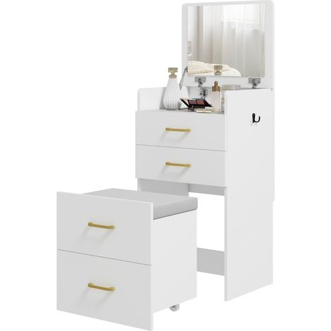 Coiffeuse 3-en-1 avec miroir, table de chevet, tabouret à roulettes, 2 tiroirs, plateau en verre, blanche, gain de place pour petit espace  CHICFURN (1/5)