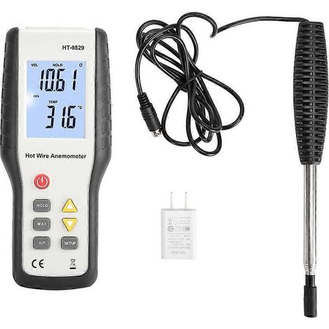 L'anémomètre à fil chaud HT9829 sert à mesurer la température, le volume et la vitesse de l'air. Il est équipé d'une prise standard américaine et fonctionne sous une tension de 100 à 240 V. (1/5)