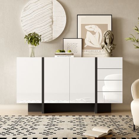 Buffet Bas de Salon Blanc Laqué Brillant et Noir 150cm - Enfilade de Cuisine Moderne et Chic avec 2 Portes, 4 Tiroirs et Charnières Amortissantes - 150x40x80,5cm (1/5)