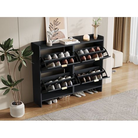 Meuble moderne pour les chaussures, doté de 4 compartiments en verre. Parfait pour l’entrée ou le couloir. Couleur noire. Dimensions : B110/H90/T24 cm. (Code de produit ancien : N657P201550B)