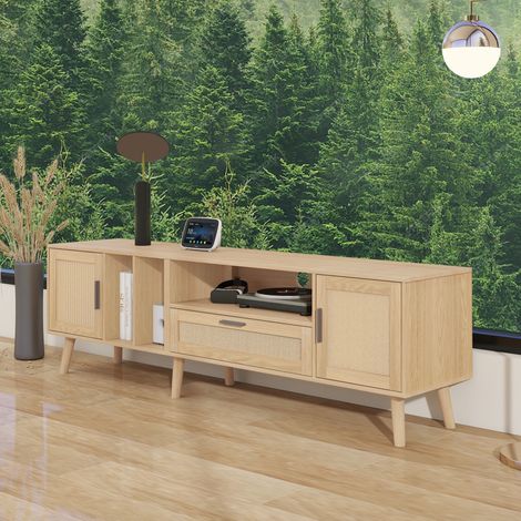 DESMIU Meuble TV avec 2 portes et 1 tiroir, 3 niches ouvertes, gestion des cables, pour salon, en panneau de particules, chene (1/2)