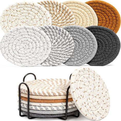 Juego de 8 manteles individuales termoaislantes de tela de algodón absorbente, colores curry + negro y gris (con soporte para almacenamiento, 8 piezas). (1/5)