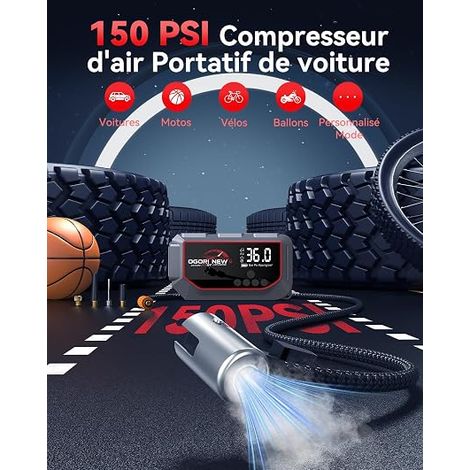 Booster Batterie Voiture avec Compresseur, Démarreur Batterie, Démarreur Voiture avec Gonfleur de Pneus, Jump Starter avec Powerbank et Chargeur USB (1/3)