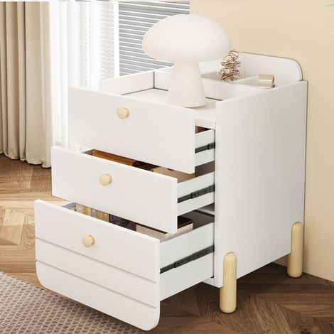 Table de Chevet et d'Appoint avec 3 Tiroirs Silencieux, Étagères et Pieds en Bois Coloré, Design Minimaliste Blanc pour Rangement Salon et Chambre (1/4)