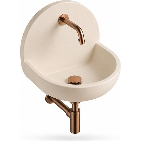 Saniclass Fuente Ensemble de lave-mains - 46.5x35x43.2cm - solid surface blanc cassé - robinet de lave-mains - bonde - siphon - cuivre brossé (1/5)