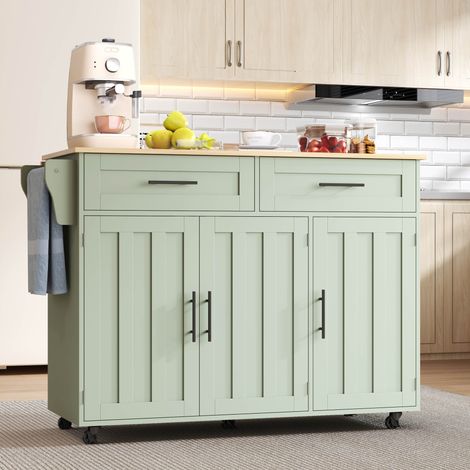 Îlot de cuisine sur roulettes vert antique, plateau rabattable, MDF, 129 x 46 x 91,5 cm, OKWISH (1/5)