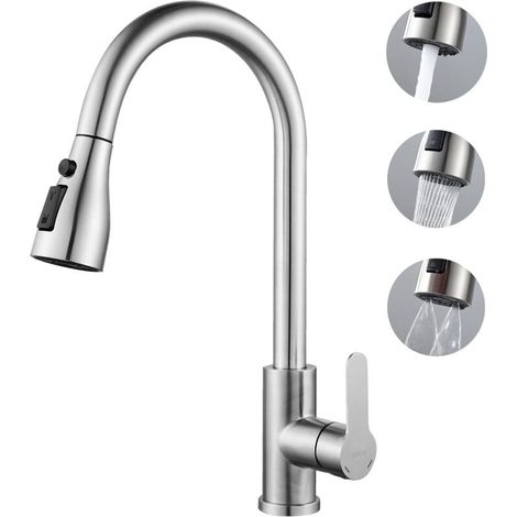 Robinet Cuisine avec Douchette - Mitigeur Cuisine avec Bec pivotant à 360°, 4 Modes de Pulvérisation, Arc Élevé, Acier Inoxydable Robinet pour éviers de Cuisine à 1 trou (1/5)