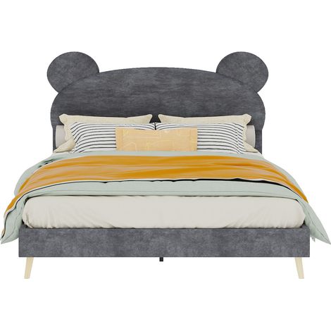 Lit enfant 140x200 cm gris avec tête de lit pelucheuse oreilles d'ours, matelas à ressorts ensachés 23 cm, cadre en tissu et métal, ensemble complet CHICFURN (1/5)