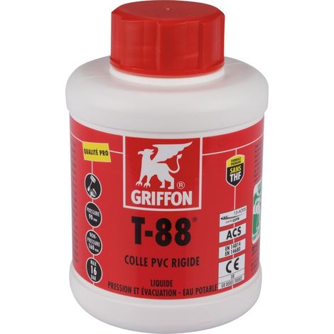Griffon – Colle liquide PVC rigide T-88 500ml – Prise rapide sans THF – Pour tuyaux et raccords sous pression – Colle multi-usage (1/4)