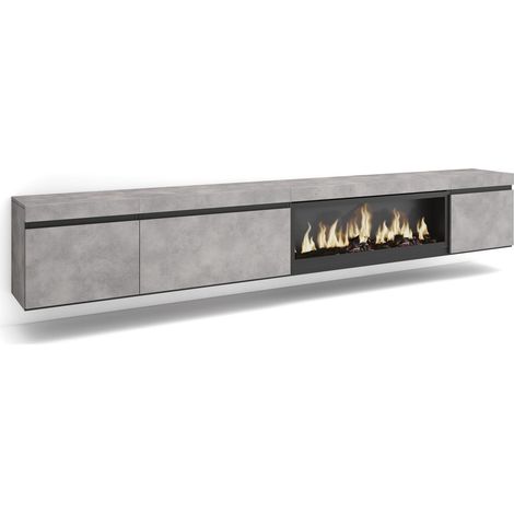 Skraut Home - Meuble TV, Banc Télé, Grand espace de Rangement, 288x45x35 cm, TV grand format, Cheminée électrique XXL, Suspendu, Mural, Style moderne, Gris Ciment (1/5)