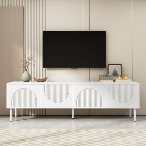 Meuble TV 180x40x52 cm avec espace de rangement, 4 portes, TV lowboard avec finition mate et gestion des câbles, design épuré, blanc