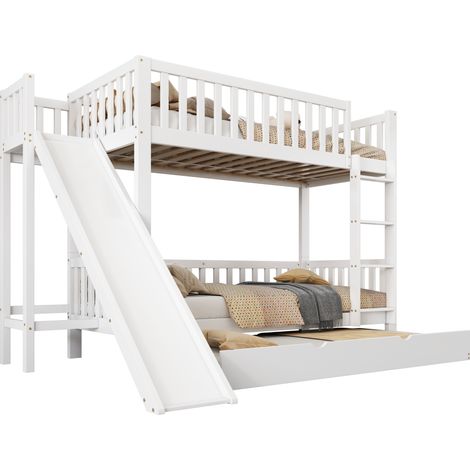 Lit superposé enfant avec lit gigogne, toboggan, échelle droite 4 marches, barrières de sécurité, étagères, blanc 90x200/190 cm - CHICFURN (1/5)