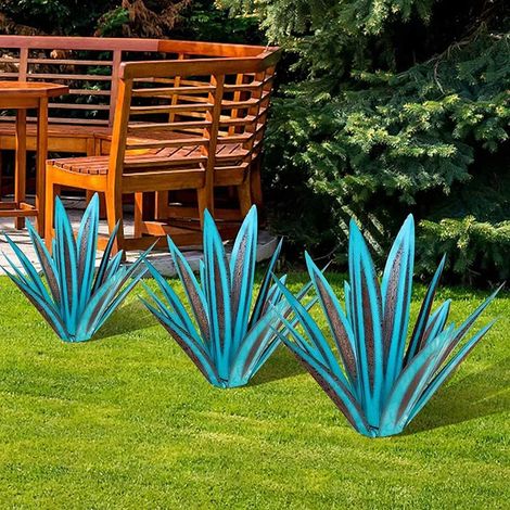 Sculpture Agave - En Métal Oxidé Avec Détails Bleus - Décoration Extérieure Jardin Patio - Hauteur 35 cm - Pour Aménagement Intérieur Ou Extérieur - 1 Pièce