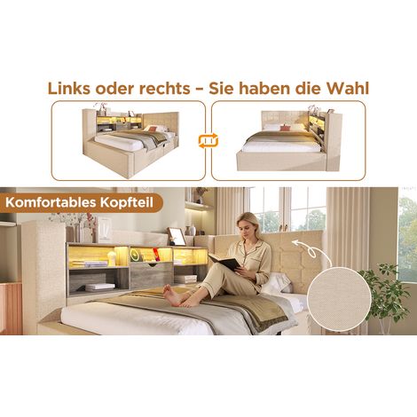 Lit pliant 140x200 cm, lit double, lumière LED, compartiments rangement hydrauliques, dessus forme L, sommier toile lin, montage latéral, couleur beige, sans matelas. (1/5)