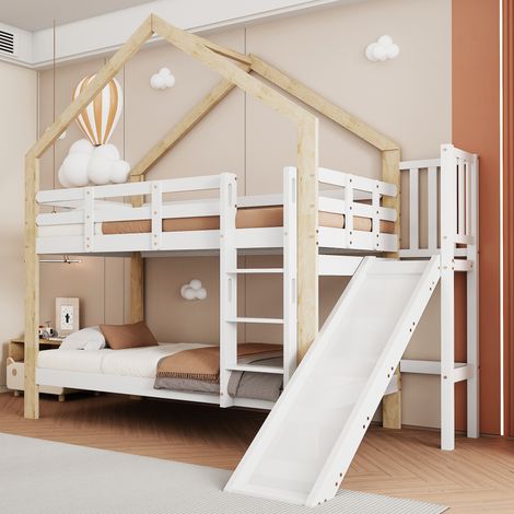 Lit superposé avec toboggan et échelle inclinée 3 marches, lit cabane avec barrière de sécurité, lit enfant en bois massif, blanc + naturel, 90x200 cm (1/5)